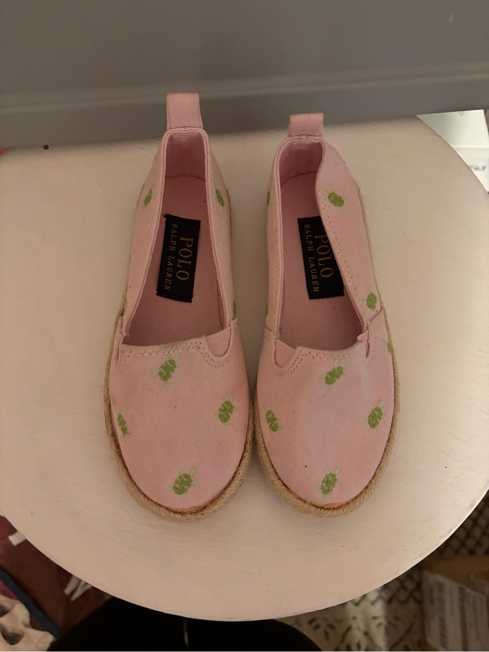Polo by Ralph Lauren Pink Canvas Kids Slip-On Moccasins with Green Embroidery
